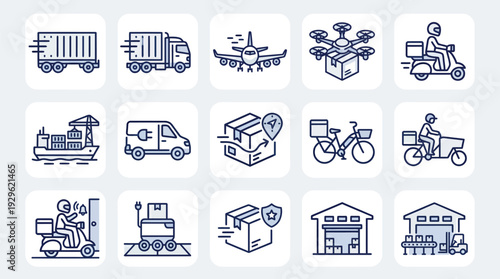 A detailed collection of modern outline icons illustrating diverse logistics and delivery services, from global shipping to last-mile transport.