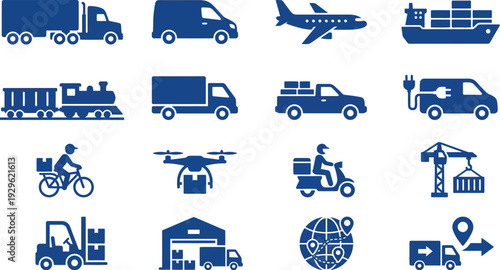 A vibrant collection of solid blue icons illustrating diverse modes of logistics and transportation for modern supply chains.