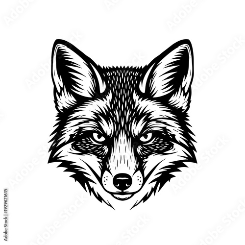 Black and White Fox Face Vector Logo Illustration in Vintage Engraving Style