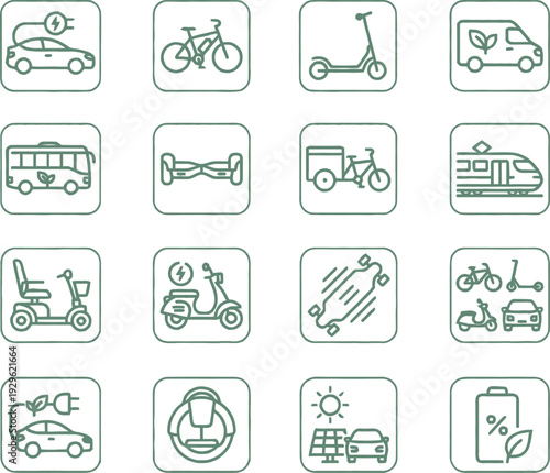 A diverse collection of electric and green mobility vehicle icons, neatly arranged within square frames on a transparent background for digital applications.