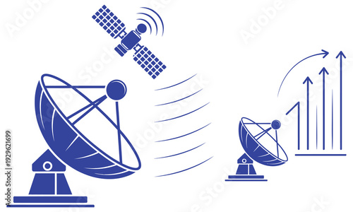 Satellite Communication Illustration, Ground Station Antenna Transmitting Signals, Wireless Data Transmission Concept, Black Silhouette Vector Technology for Global Network Connectivity and Space Tele