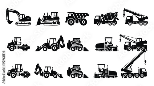 A comprehensive collection of black silhouette icons depicting various heavy construction vehicles and industrial machinery essential for building and development projects.