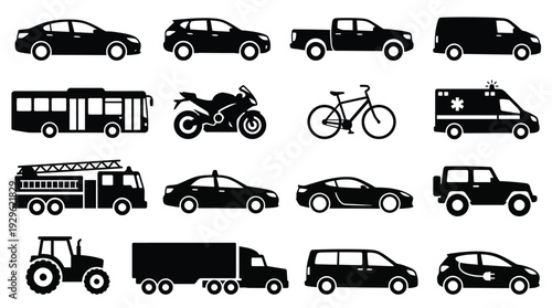 A vast collection of black silhouette icons showcasing various types of common vehicles and popular modes of transportation for everyday use.