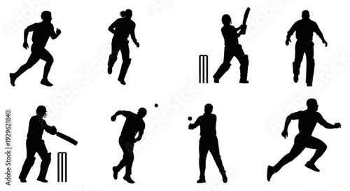 Silhouettes of cricket players in various actions on field