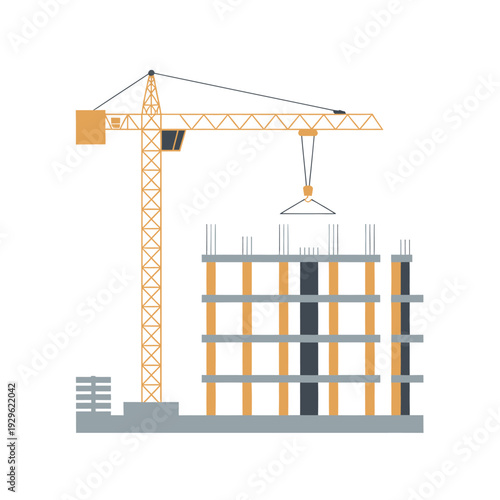 Construction crane lifting concrete blocks to building site  industrial equipment