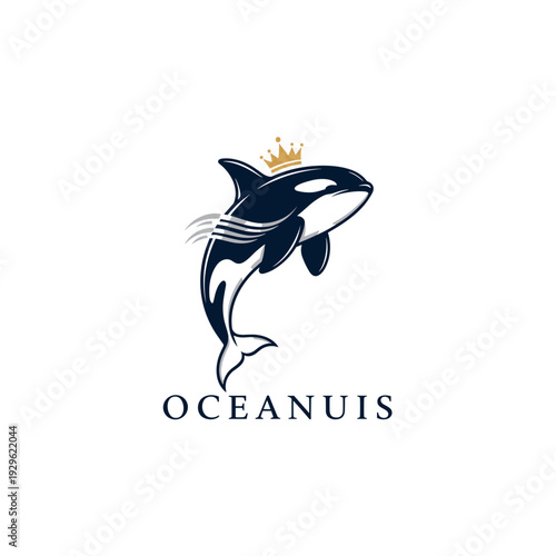 Elegant stylized killer whale with a golden crown and waves logo
