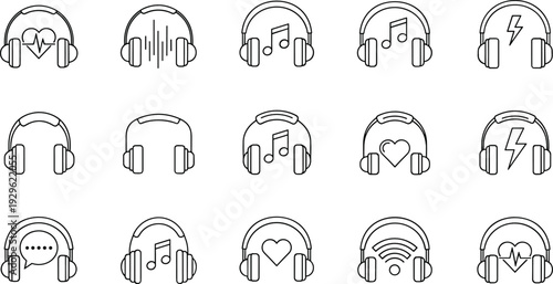 Headphones Icon Set with Music Heart Sound Wave and Audio Symbols Outline Vector Collection
