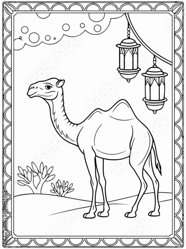 A camel standing in the desert with lanterns