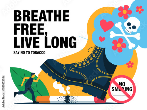No smoking campaign poster with boot crushing cigarette and runaway man  health awareness