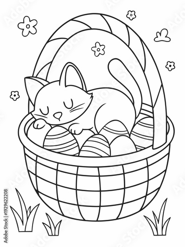 A cat sleeping in an easter basket