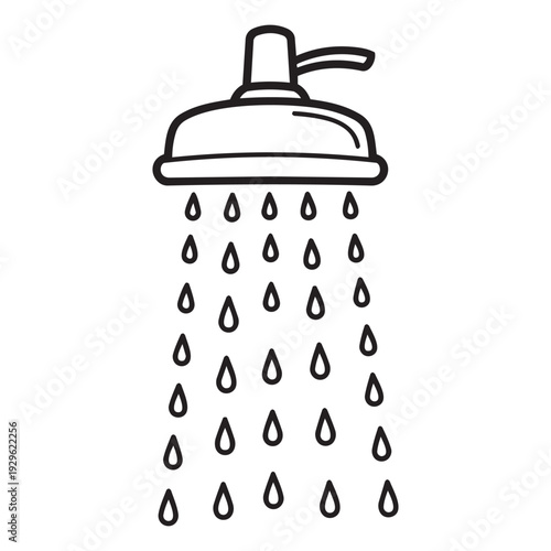Simple line drawing of a shower head with water droplets