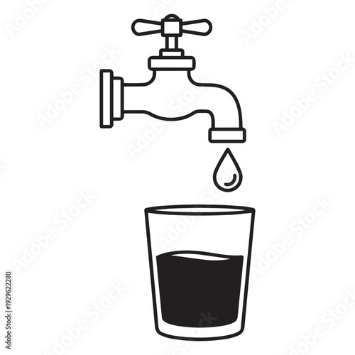 Simple line drawing of faucet filling a glass with liquid