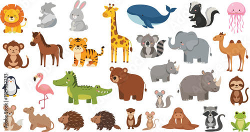 Canvas Print Cute Cartoon Wild Animals Collection Safari and Ocean Vector Set