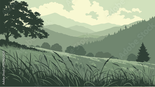 Monochromatic Sage Green Mountain Valley Landscape with Rolling Hills and Wild Grass Foreground