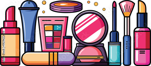 Vibrant makeup products illustration with cosmetics and beauty items arranged neatly on a white background.