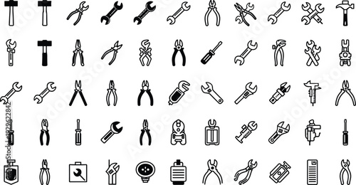 Industrial Hand Tools Vector Set with Wrenches, Hammers, Pliers, Screwdrivers, Calipers, Hardware Icons, Professional Workshop Equipment, Maintenance Gear, and Construction Repair Implements