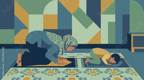 A grandmother and grandchild praying together on prayer mats, showcasing intergenerational connection and faith