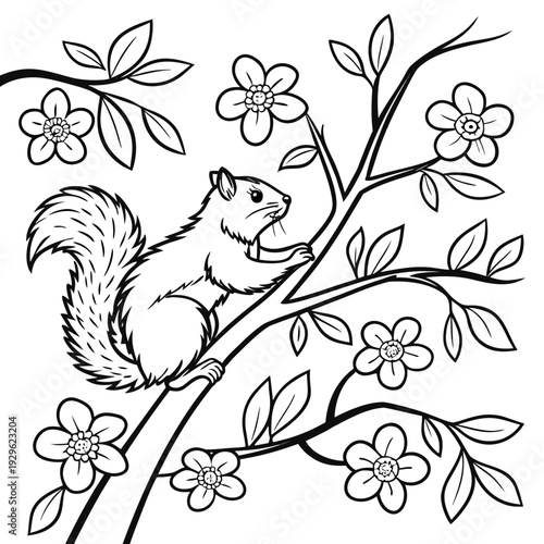 A squirrel sitting on a cherry blossom tree branch