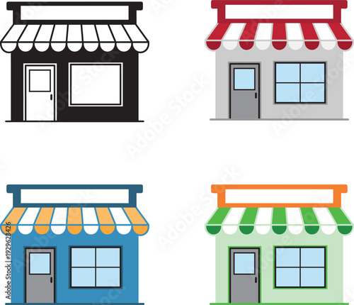 Colorful flat storefronts with awnings