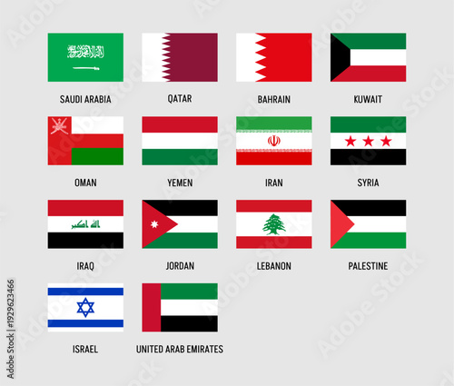 Set of 14 Middle Eastern countries flags vector illustration featuring national symbols representing regional identity and cultural diversity in modern design