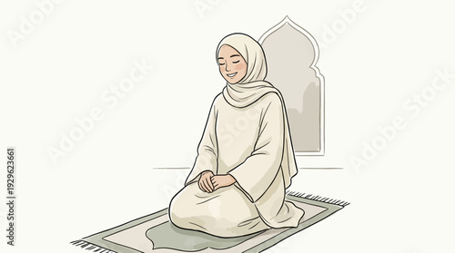 Young Muslim woman in hijab praying peacefully on a mat, embodying devotion, spiritual reflection, and cultural tradition in a tranquil setting
