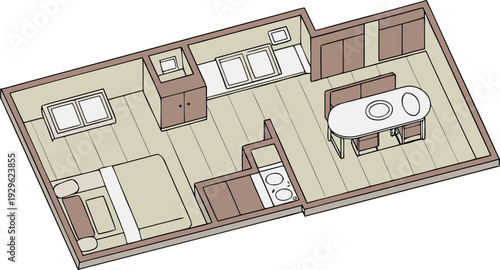 Detailed 2D floor plan of a compact studio apartment with kitchen and dining area