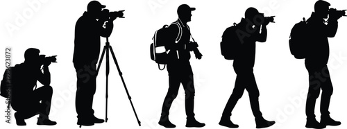 Photographer silhouette collection with camera and tripod, professional photography poses, black vector illustration isolated