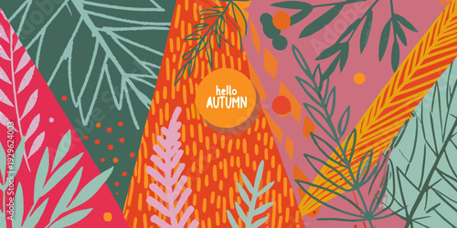 Colorful tropical leaves and a hello autumn text greeting