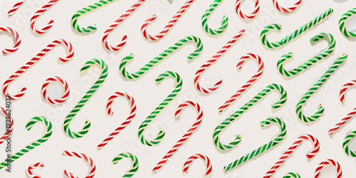 Overhead view of numerous red and green striped candy canes