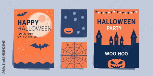 Four halloween themed posters with bats pumpkins and haunted houses