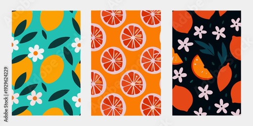 A vibrant triptych featuring citrus fruit leaves and floral patterns