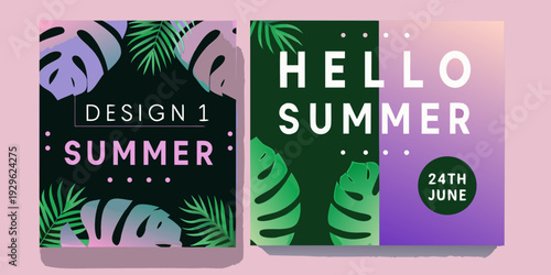 A vibrant summer design featuring tropical leaves and bold typography