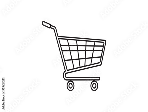 A simple line drawing of a shopping cart on wheels