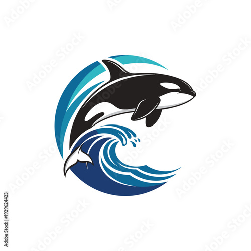 Dynamic black and white orca jumping over a stylized blue wave
