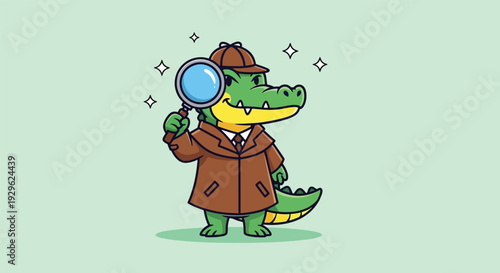 Cartoon Alligator Detective Holding Magnifying Glass.