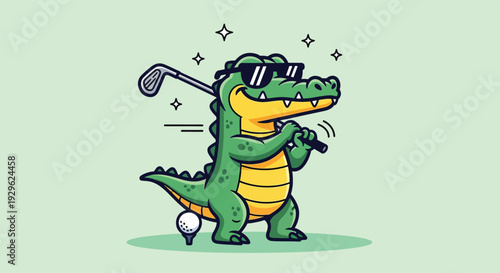 Cartoon Alligator Playing Golf with Sunglasses and Golf Club.