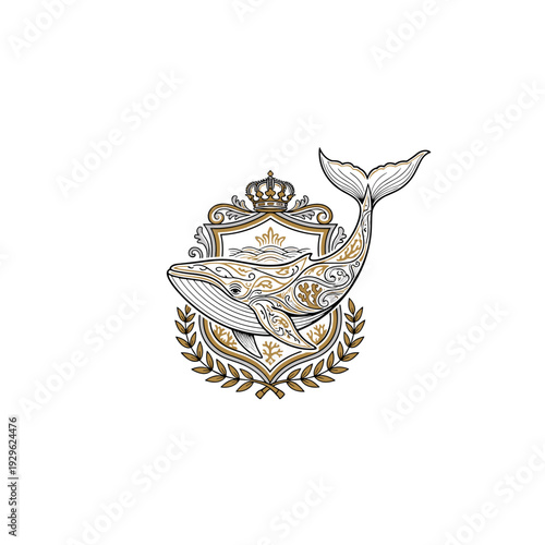 Golden crown and mermaid tail peeking over a black line on a white background