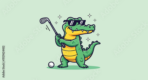 Cartoon Alligator Playing Golf with Sunglasses.