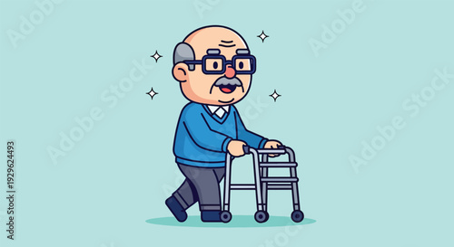 Cartoon Elderly Man Walking with Walker.