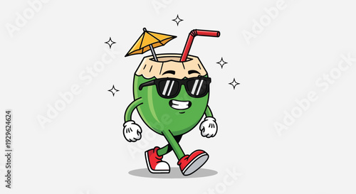 Cool coconut character walking with sunglasses and straw.
