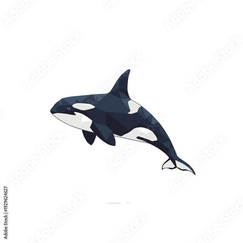 Geometric killer whale head and dorsal fin emerging from a black surface