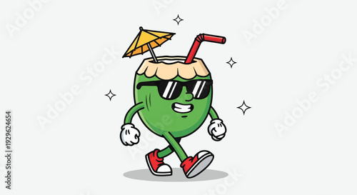 Cool Coconut Drink Cartoon Character Walking with Sunglasses and Umbrella.
