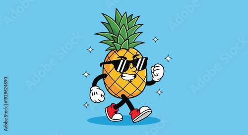 Cool Pineapple Cartoon Character Walking with Sunglasses.