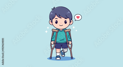 Cute Boy with Broken Leg on Crutches Cartoon Illustration.