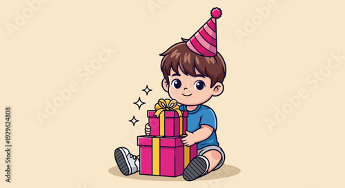 Cute Boy with Birthday Gifts and Party Hat.