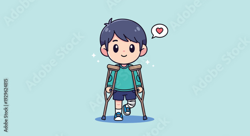Cute Boy with Broken Leg on Crutches Walking with Heart Icon.