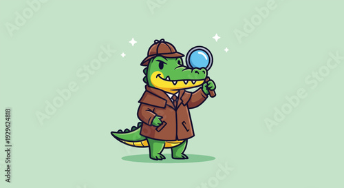 Cute Cartoon Alligator Detective Character Holding Magnifying Glass.
