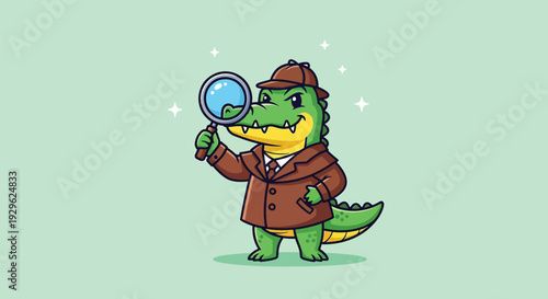 Cute Cartoon Alligator Detective with Magnifying Glass.