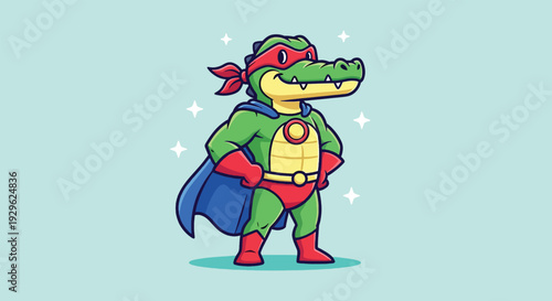 Cute Cartoon Alligator Superhero Standing Confidently.