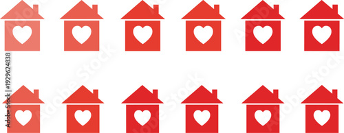 Home with Heart Icon Set Real Estate Love House Symbol Red Flat Vector Collection